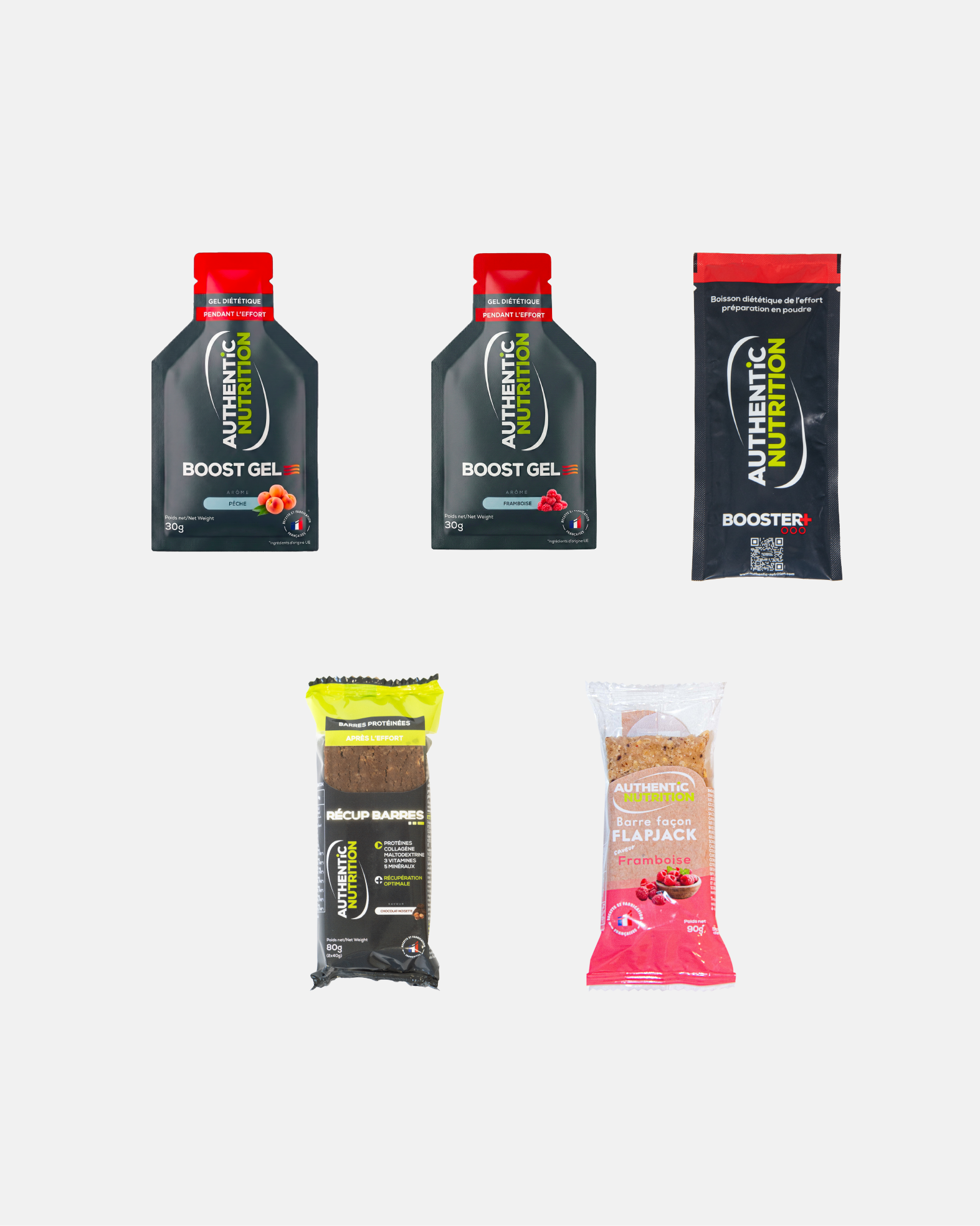 Gamme Authentic Nutrition : gel Boost Gel, poudre Booster, barre Boost Bar, Récup Barres et Flapjack framboise
