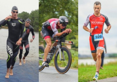 Le triathlète Ludovic Roussel en plein effort pendant les épreuves de natation, de cyclisme et de course à pied.